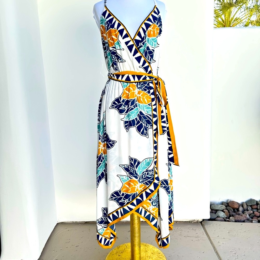 Floral Faux Wrap Dress with Yellow and Blue Accents